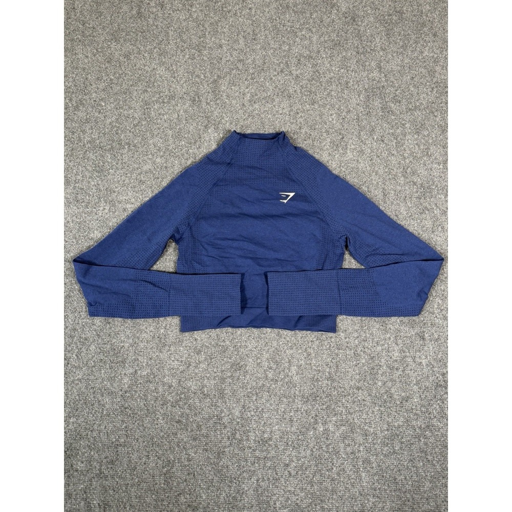 GYMSHARK VITAL 2.0 SEAMLESS HIGH NECK MIDI CROP TOP SIZE MEDIUM BLUE LONG SLEEVE